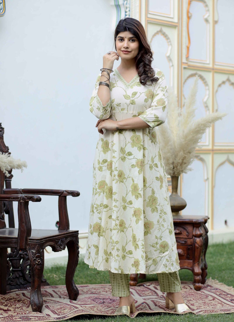 Miravan Floral Print Green Anarkali Kurta & Palazzo Set for Women - Image 1